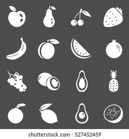 Vector Set of Fruit Icons. Apple, Pear, Cherry, Strawberry, Banana, Peach, Watermelon, Pomegranate, Grapes, Coconut, Papaya, Pineapple, Orange, Lemon, Avocado, Kiwi.