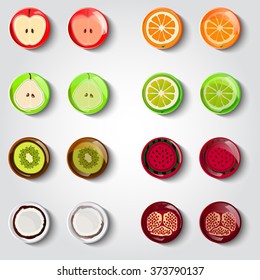 Vector Set of Fruit Icons. cartoon style icon. Fruits vector illustration.Food icons.Round flat buttons with a long shadow.Apple, orange, pear, kiwi, coconut, watermelon, pomegranate.