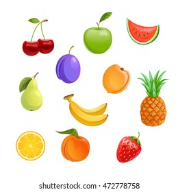 vector set of fruit icons. color illustration with apple, pear, orange, pineapple,  plum, apricot, peach, watermelon, cherry, strawberry and banana