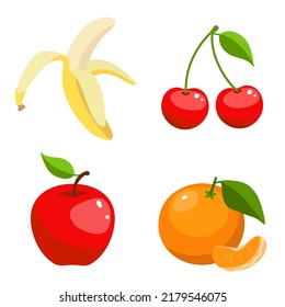 Vector set of fruit, illustration of red apple, cherry, banana and tangerine, icon fruits set isolated on white background