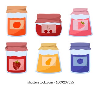 Vector set of fruit jam. Rasberry, cherry, blueberry, pear, apple, strawberry marmelade. Collection of decorative elements.