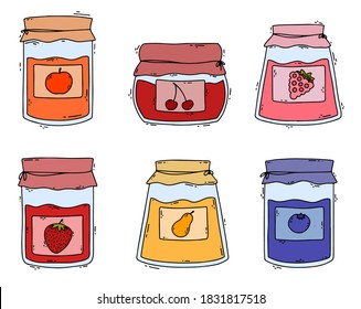 Vector set of fruit jam. Rasberry, cherry, blueberry, pear, apple, strawberry marmelade. Collection of decorative elements.