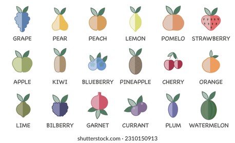Conjunto vectorial de iconos de línea de fruta. Iconos de colores con resaltados. Contiene frutas comúnmente utilizadas. ESP 10.