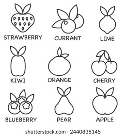Vector conjunto de iconos de línea de fruta. Línea fina. Contiene frutas comúnmente utilizadas. ESP 10.