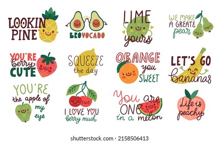 Vector set of fruit puns with cute fruits and hand written phrases. Romantic collection with doodles and quotes with wordplays. Funny labels. Isolated on white