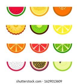 Vector set of fruit slices. Lemon, lime, orange, melon, watermelon, passion fruit, apple pineapple kiwi Summer exotic theme