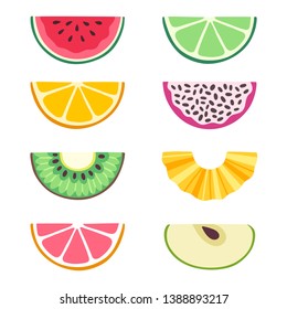 Conjunto vectorial de rodajas de frutas: sandía, lima, naranja, fruta de dragón, kiwi, piña, pomelo, manzana. Recolección de comida de verano. Las frutas frescas están aisladas en blanco. Etiquetas brillantes para la reserva de recortes.