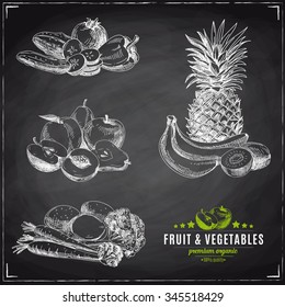 Vector set of fruit and vegetables. Healthy food. Vector illustration in sketch style. Hand drawn design elements. Chalkboard