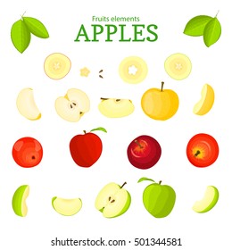 Vector set of fruits. Apple fruit, whole, peeled, piece of half, slice, leaves, seed. Collection of delicious apples designer elements for use in packaging design projects flyer healthy eating