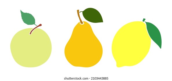 Vektorset aus Früchten - Apfel, Birne und Zitrone - Farbsymbole auf weißem Hintergrund. Illustration einzeln, einfach zu bearbeiten und sofort zu verwenden Symbole.