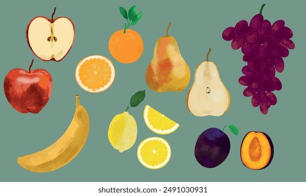 Vector set of fruits: apple, pear, lemon, banana, grape, plum, clementine