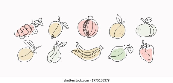 Vector set of fruits apple, strawberry, peach, banana, plum, pomegranate, pear, grape, lime, lemon in endless one line style. Collection with colored abstract spot background. Vector set, Background.