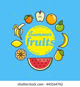 Vector set of fruits, arranged in a circle around the sun. Elements for design in a linear style.