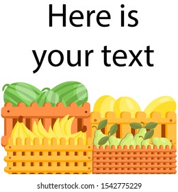 Vector with set of fruits and berries in boxes, including watermelons, melons, bananas, pears. Concept of markets, fairs, fruit products. It can be used in web design, printing, textile and others.
