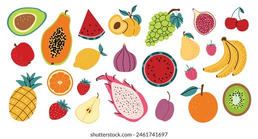 Vector conjunto de frutas y bayas. Colección de vitaminas orgánicas y nutrición saludable. Plátano, fresa, papaya, kiwi, albaricoque, naranja. Estilo dibujado a mano, fondo blanco aislado. 