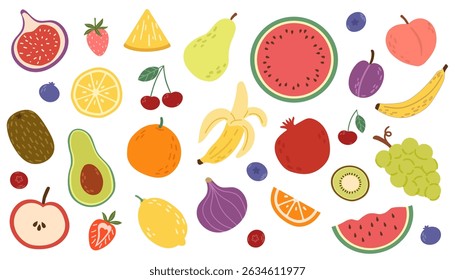 Vector set of fruits and berries. Collection of organic vitamins and healthy nutrition. Banana, strawberry, kiwi, apricot, orange. Hand drawn style, isolated white background.