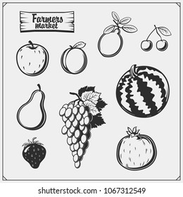 Vector set of fruits and berries isolated on white background. Farmers market icons.