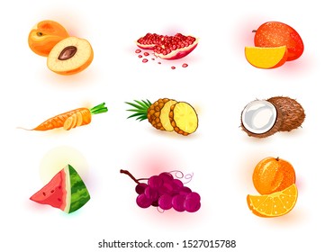 Vector con frutas, bayas, verduras. Sano y sabroso ingrediente para jugos, cócteles, suavidades, nectares, sapos, jarabes. Tentempiés vegetarianos de verano, productos dietéticos. Colección de caricaturas en blanco.