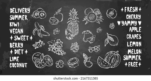 Vector set of fruits by chalk on blackboard, hand written words with decoration elements, chalckboard with tropical fruits for design's cafe menu and shop, elemets for kithen's interior