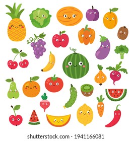 vector set of fruits, clipart for kids with kawaii face, cartoon vegetables for children