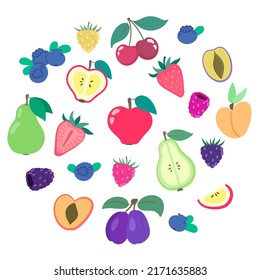 Vector Set With Fruits. Fresh Fruits In Flat Style. Vegan Day. Apple, Pear, Cherry, Plum, Strawberry, Peach