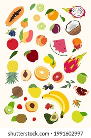 Vector set of fruits. green apple, Red Apple, pear, kiwi, lemon, lime, Garnet, banana, watermelon, Pitaya, papaya. peach, apricot, plum, orange, mango, grapefruit, coconut, a pineapple, avocado, 