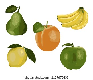 Vector set of fruits in green and yellow colors, apricot, apple, pear, banana and lemon