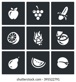 Vector Set of Fruits Icons. Apple, Grape, Banana, Orange, Dragon fruit, Coconut, Pear, Melon, Apricot. Various natural useful fruits rich in vitamins