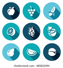 Vector Set of Fruits Icons. Apple, Grape, Banana, Orange, Dragon fruit, Coconut, Pear, Melon, Apricot.