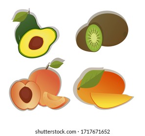Vector set of fruits. Kiwi, mango, avocado, peach
