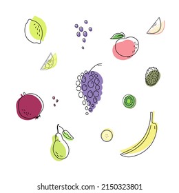Vector con frutas: limón, uva, manzana, kiwi, pomelo, pera, plátano. Estilo gráfico de moda dibujado a mano.