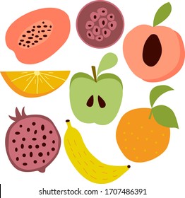 Vector set of fruits on a white background in a flat style. For the design of postcards, signs, menus, prints for wrapping paper, textiles, pillows, tablecloths, botanical illustrations.