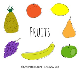 Vector set with fruits on a white background. Pineapple, orange, lemon, pear, apple, banana, grape.