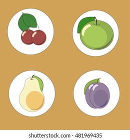 Vector set of the fruits on the yellow background. Cherry, apple, pear and plum.