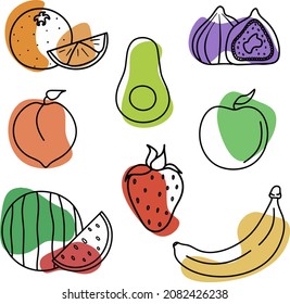Vector set of fruits. Orange, avocado, peach, fig, apple, strawberry, watermelon, banana. Original fruit design for print or pattern.