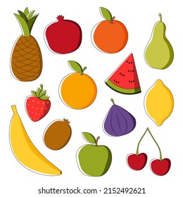 Vector set of fruits are pineapple, pomegranate, peach, apple, pear, lemon, banana, orange, cherries and strawberry. Flat design.