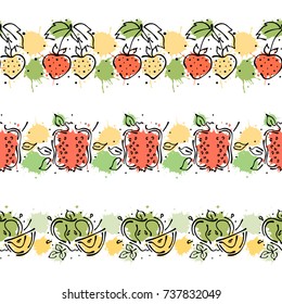 Vector set, fruits seamless pattern. Decorative border. Pomegranate, strawberry, apple with leaves, decorative elements, blots, drops, splash Hand drawn contour lines and strokes Graphic illustration