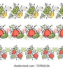 Vector set, fruits seamless pattern. Decorative border. Watermelon, strawberry, pear with leaves, decorative elements, blots, drops, splash Hand drawn contour lines and strokes Graphic illustration