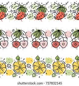 Vector set, fruits seamless pattern. Decorative border. Watermelon, cherry, orange with leaves, decorative elements, blots, drops, splash Hand drawn contour lines and strokes Graphic illustration