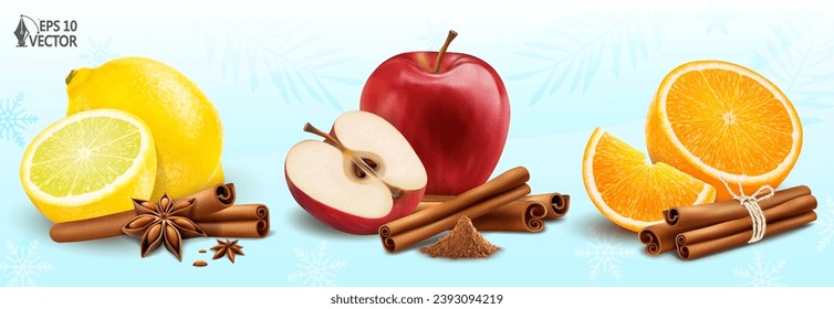 Vector set of fruits and spices, winter design. Cinnamon wooden sticks and powder, star anise, apples and citruses. 3D realistic illustrations of food for advertising and packaging design