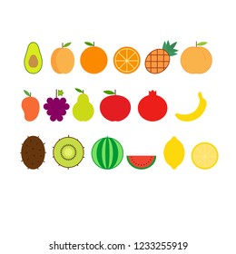 Vector set of fruits such as avocado, apricot, orange, pineapple, peach, mango, grape, pear, apple, pomegranate, banana, kiwifruit, watermelon, lemon. Fruits icons.   