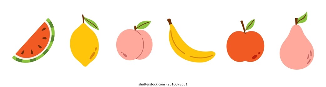 Vector set of fruits. Summer or autumn cute fruits in flat design. Healthy sweet food. Collection of banana, watermelon, lemon, peach, apple and pear.