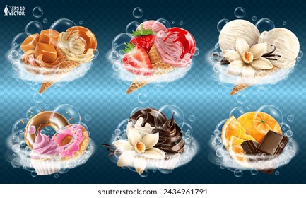 Vector set of fruits and sweets. Realistic foam splash with bubbles, vortex. Caramel, chocolate, flavored ice cream, strawberry. Gourmet collection. 3D illustrations for advertising design
