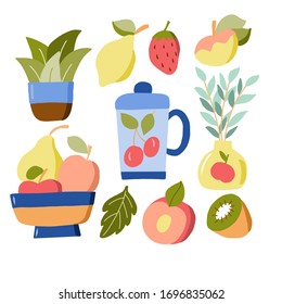 Vector set of fruits, vases, leaves on a white background. For the design of wallpaper, wrapping paper, prints for textiles, curtains, kitchen towels.