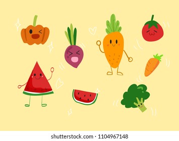 Vector set of fruits and vegetable: carrot, watermelon, pumpkin, tomato, broccoli, beat root.Illustration of cute healthy food.