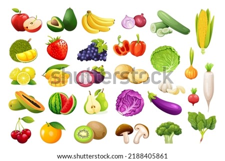 Vector set of fruits and vegetables in cartoon style. Healthy food illustration