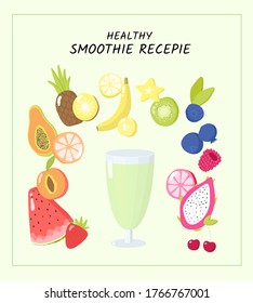 Vector set of fruits and vegetables for detox smoothie. Hand drawn engraved colored elements