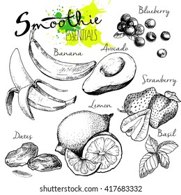 Vector set of fruits and vegetables for detox smoothie. Vegetarian healthy treating hand drawn  illustration. Use for bar, cocktail, flyer, banner, store