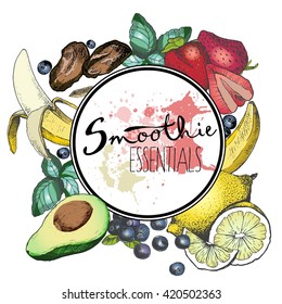 Vector set of fruits and vegetables for detox smoothie. Vegetarian healthy treating hand drawn  illustration. Use for bar, cocktail, flyer, banner, store