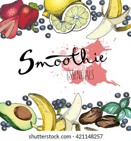 Vector set of fruits and vegetables for detox smoothie. Vegetarian healthy treating hand drawn  illustration. Use for bar, cockktail, banner, store